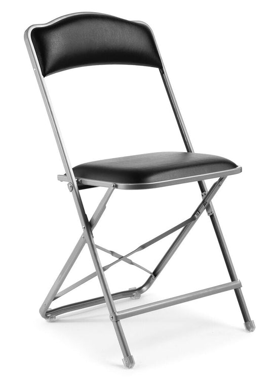 Fritz Folding Chair with Silver Frame - Vinyl - Standard Height - Black